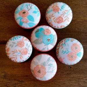 SET OF SIX,1.5 inch,cabinet knobs,drawerpulls, coral and mint, floral knobs, mint and coral flowers, baby girl nursery knobs, bedroom decor