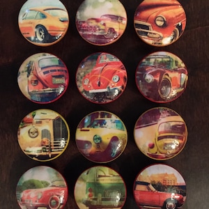 SET OF SIX, 1.5 inch,vintage,classic cars,cabinet knobs,drawer pulls,Volkswagen, cobra,Rolls Royce Porsche 911