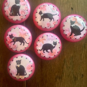 SET OF SIX, 1.5 inch, black cat, silhouettes, cats, cabinet knobs, drawer pulls, rose, pink, black,polka dots