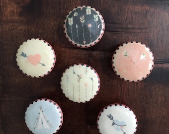 SET OF SIX, 1.5",cabinet knobs,drawer pulls,baby girl nursery,tribal knobs,tepees,arrows,coral,ivory,gray,adventure nursery,tribal nursery