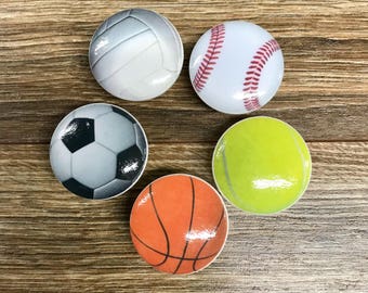 SET OF SIX,1.5” sports themed,cabinet knobs,drawer pulls,baseball knobs,basketball knobs,volleyball knobs,soccer knobs,football knobs,tennis