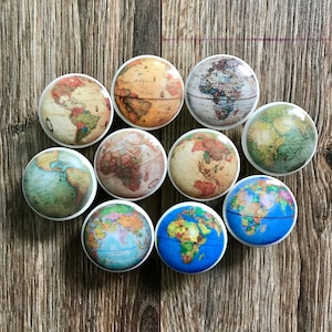SET OF SIX, 1.5&quot;knobs,Globes,cabinet knobs,drawer pulls,maps,world maps,map decor,office knobs,desk knobs,library knobs,office decor,school