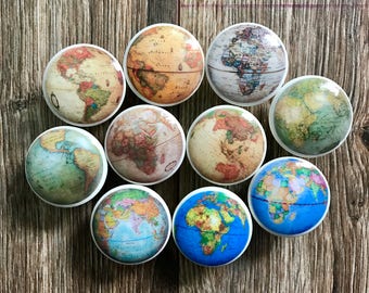 SET OF SIX, 1.5"knobs,Globes,cabinet knobs,drawer pulls,maps,world maps,map decor,office knobs,desk knobs,library knobs,office decor,school