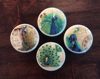 SET OF SIX, 1.5 inch, peacock, Teal blue, cabinet knobs, drawer pulls, colorful, birds, white