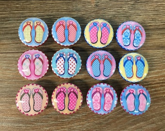 SET OF SIX, 1.5",sandals,beach,stripes,lake house,flip-flops,Orange,red,green,yellow,cabinet knobs,drawer pulls,beach house themed knobs