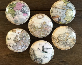 SET OF SIX,1.5 inch, old world maps,world maps,maps,cabinet knobs,drawer pulls, antique, office, library knobs, desk knobs