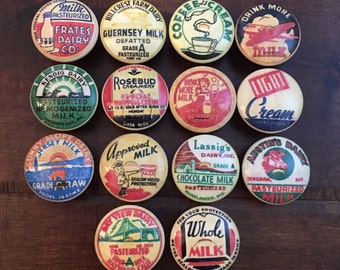 SET OF SIX, 1.5",vintage dairy labels,cabinet knobs,drawer pulls,milk labels,dairy label knobs,farmhouse kitchen knobs,country kitchen knobs