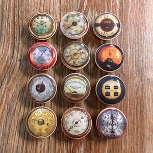SET OF SIX,1.5 inch vintage gauges,cabinet knobs,drawer pulls,instrument gauges,tachometer,speedometer,steam gauge,gas gauge,dash gauge,