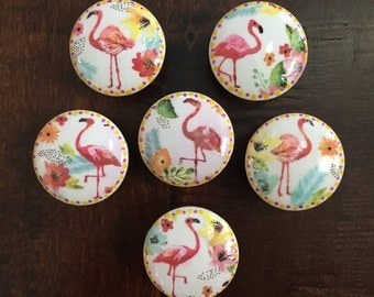 SET OF SIX,1.5 inch,pink flamingo,cabinet knobs,drawer pulls,white knob,orange,yellow,flamingos,flamingo decor,colorful knobs,flamingo knobs