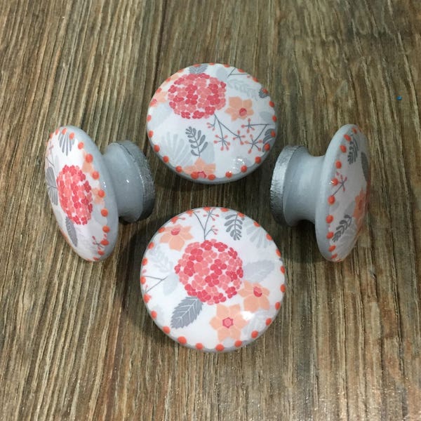 SET OF SIX, 1.5 inch gray,coral, floral,cabinet knobs,drawer pulls,hydrangea,silver