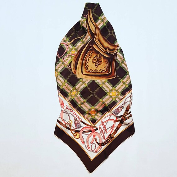 Foulard Vintage En Soie Moirée Salterio 77x77 Cm - Noir Et Bleu, Occasion