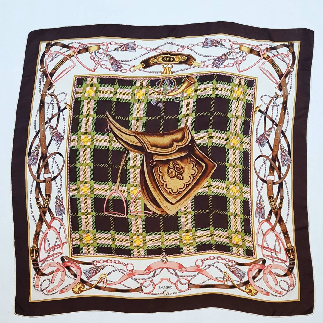 Foulard Vintage En Soie Moirée Salterio 77x77 Cm - Noir Et Bleu, Occasion