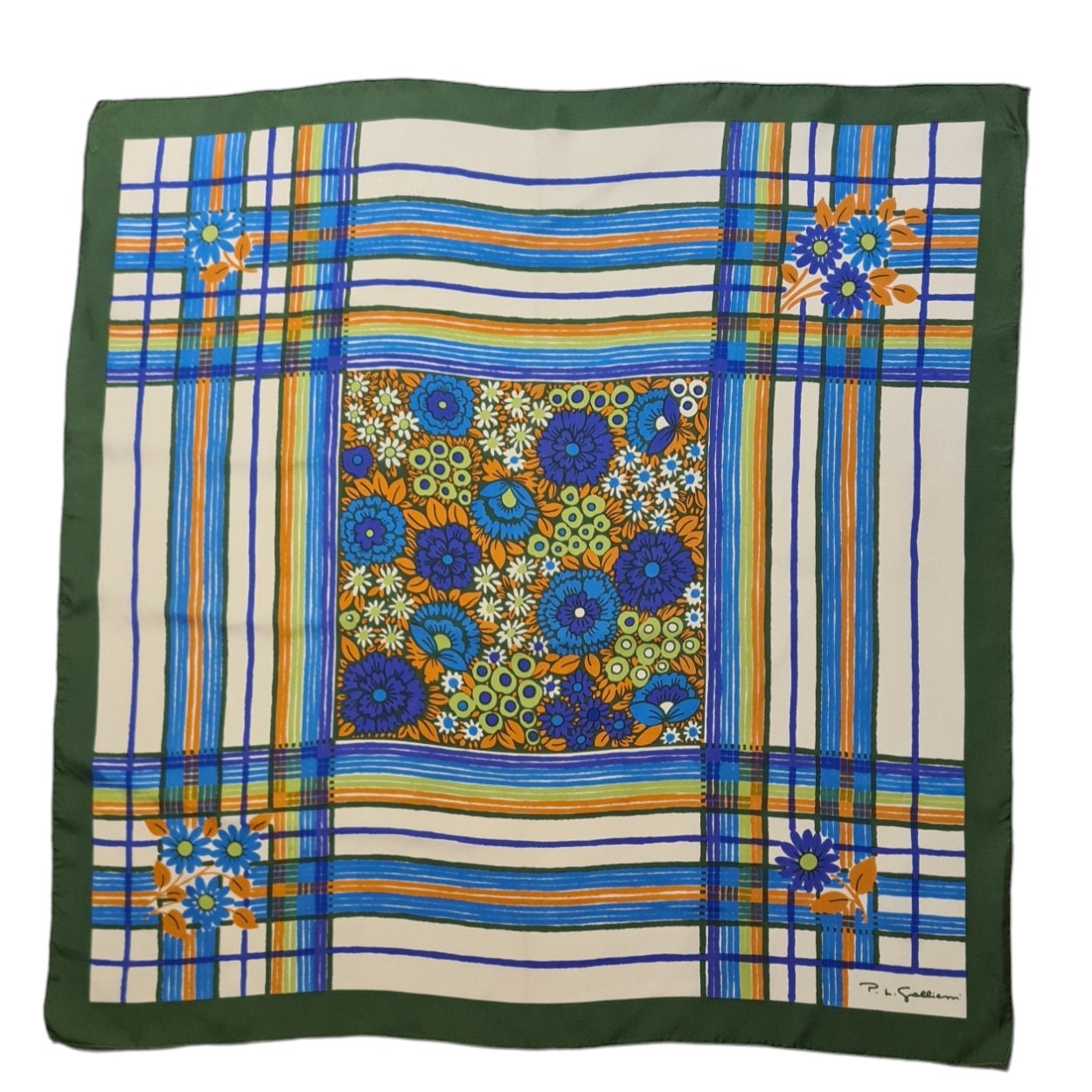 Foulard Vintage P.L. Gallieni En Soie - 89x88 Cm, Marron Et Blanc, Occasion