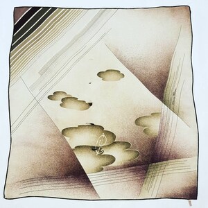 May include: Square silk scarf with an abstract design in shades of brown, beige, and white. The scarf features geometric shapes, cloud-like forms, and diagonal lines. The design includes the signature "Charles Jourdan".
