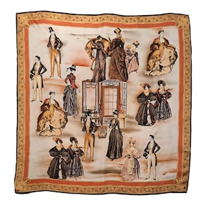 May include: A square silk scarf featuring illustrations of people in vintage clothing. The scarf has a cream background with a red border and a decorative gold edge. The illustrations depict men in suits and women in dresses.