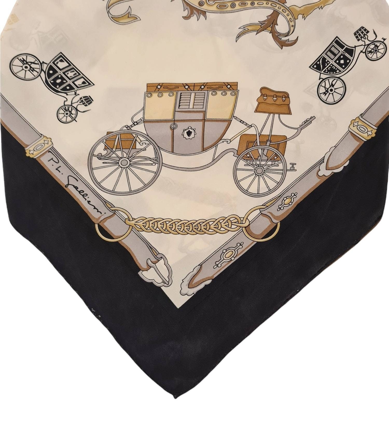 Foulard Vintage P.L. Gallieni En Soie 89x88 Cm - Marron Et Blanc - Occasion Très Bon état - Accessoire Luxe