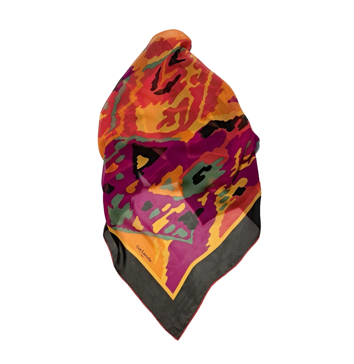 Foulard Carré Vintage Guy Laroche - 100% Soie - Motif Roses Multicolore - Fabriqué En France - Occasion