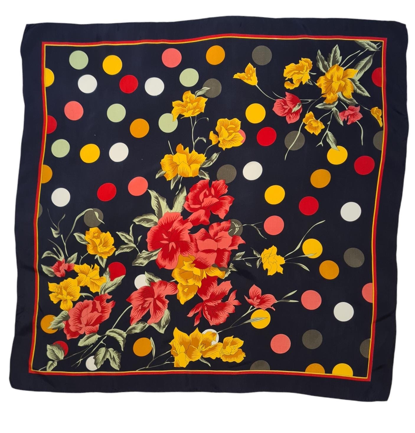vintage pure silk scarf with flowers and polka dots
