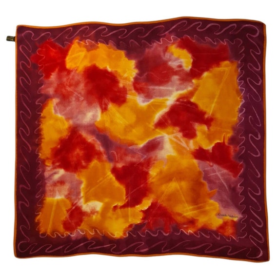 Grand Foulard De Soie Guido Valenti - Motifs Géométriques Bleu Rose Mauve Vert - Italie - Occasion