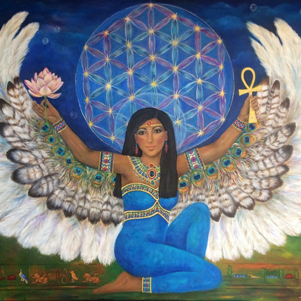 Goddess Isis Art Print, Flower of Life, Spirit Meditation Home Decor, Egypt, Wings, Soul Lotus, Ankh, Transformation Healing, Angel Blessing