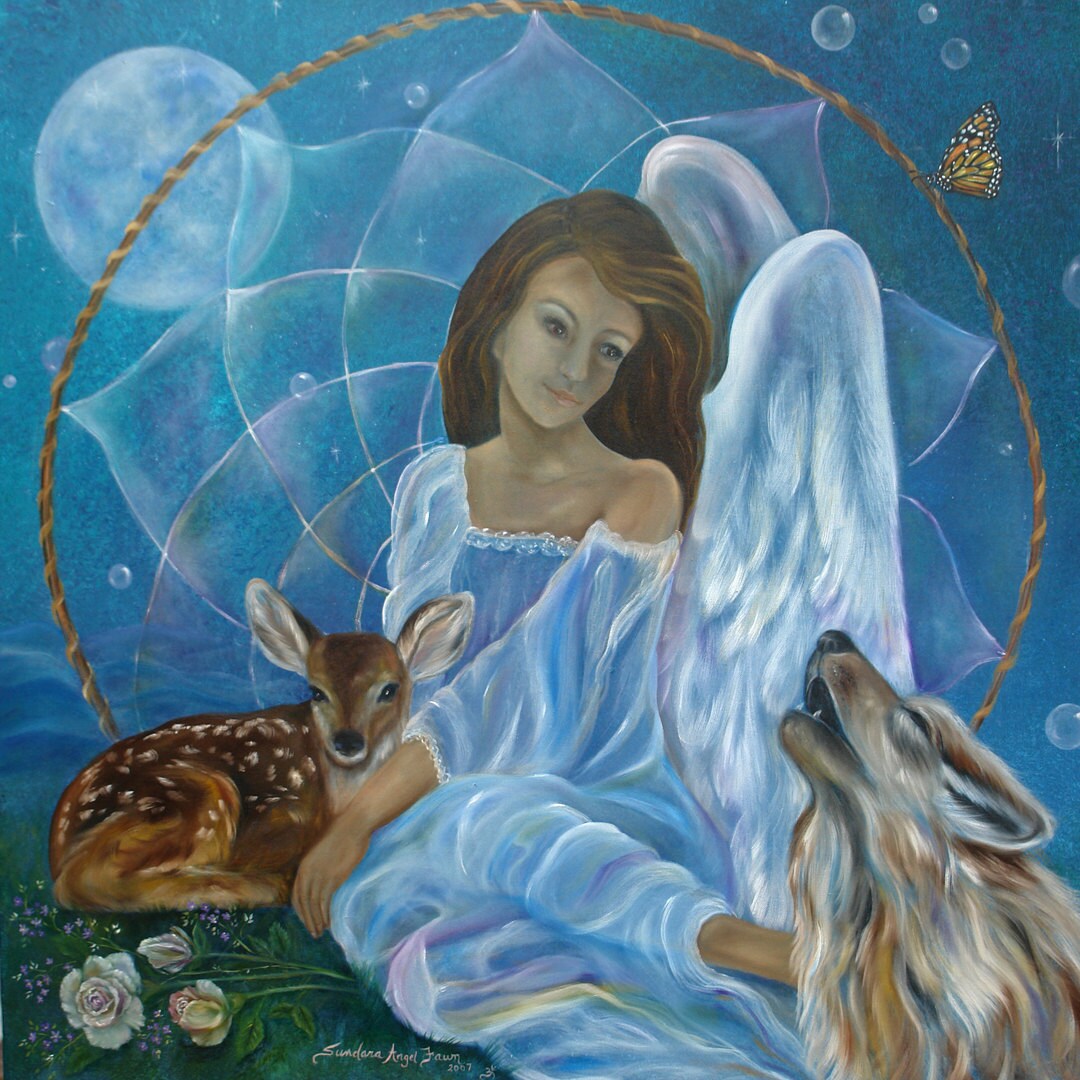 Angel, Wolf, Fawn Dreamcatcher Art Print, Home Decor, Wall Art, Meditation, Spiritual Art