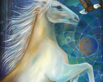 Cavallo bianco, Aquila, Dream Catcher Stampa artistica - spirituale, parete arte, meditazione, Yoga, doni spirituali