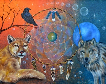 Dreamcatcher, Cougar, Crow & Wolf Art Print