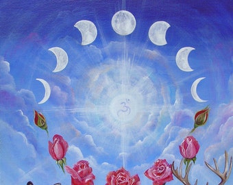 Unity, Deer, Moon Phases, Dove and Roses Art Print, Wall Art, Home Decor, Meditation, Spiritual Art