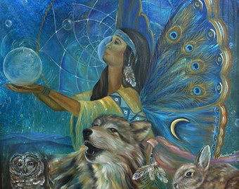 Native American Fairy Fine Art Print - Wolf, Rabbit, Owl, Home Decor, Spiritual Art, Wall Art, Fairy