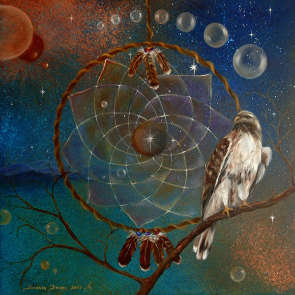 Red Tailed Hawk Dream Catcher Art Print, Meditation, Wall Art, Home Decor