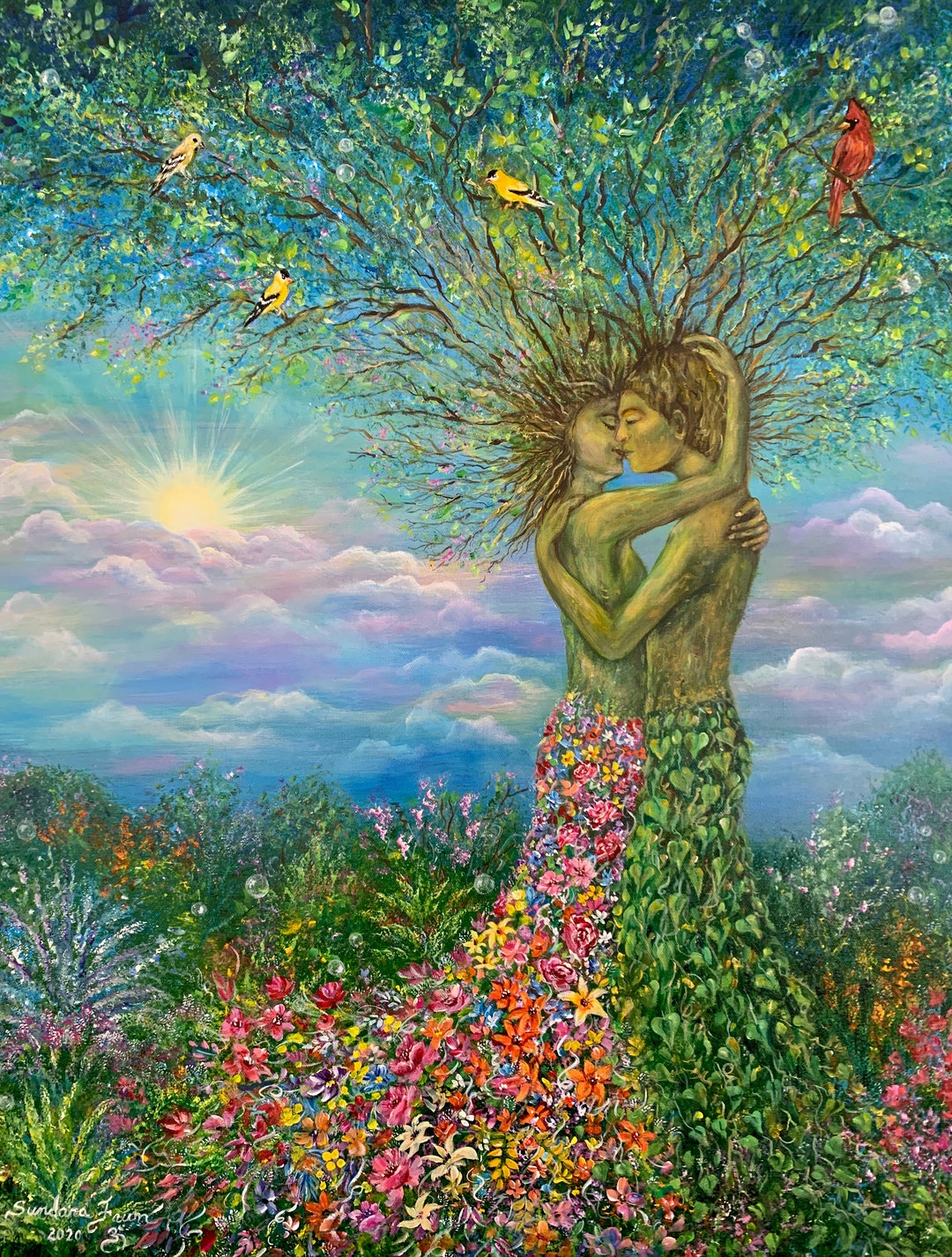 Nature's Everlasting Love Art Print, Lovers, Birds, Couple, Kiss