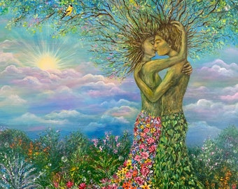 Nature's Everlasting Love Art Print, Lovers, Birds, Couple, Kiss, Birds, Mother Nature, Wilderness, Spiritual, Metaphysical, Flowers, Sky