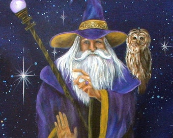 Magical Merlin Wizard and Owl Art Print - Wall Art, Home Decor, Magic, Inspiration, Spirit