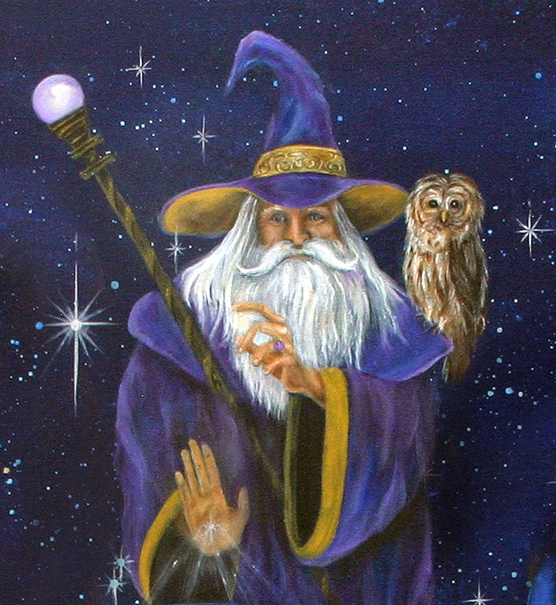 Magical Merlin Wizard and Owl Art Print  Wall Art Home image 1