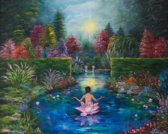 Woman in Lotus Nature pond, Sunrise, Wall Art, Home Decor, Love, Tranquility, Surrender, Flowers, Divine Beauty