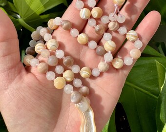 Mother of Pearl // Rose Quartz // Peach Moonstone Hand Knotted Necklace
