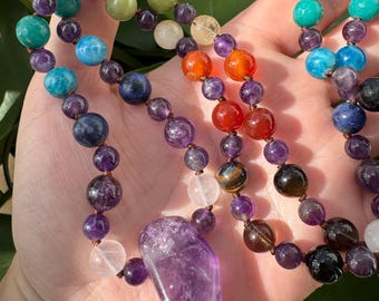 108 Count Mala // Amethyst Quartz // Multi Gemstone // Hand Knotted Necklace