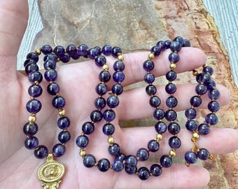 Golden Salutations 108 Ct Amethyst Mala Hand-Knotted