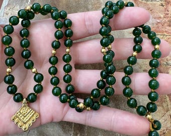 Golden Salutations 108 Ct Green Jade Mala Hand-Knotted