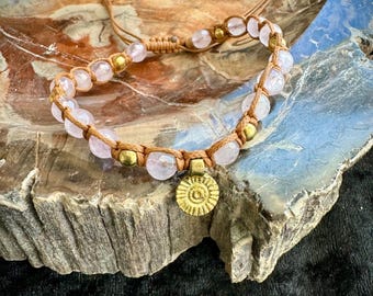 Golden Sun Wrap Knot Bracelet || Rose Quartz and Brass