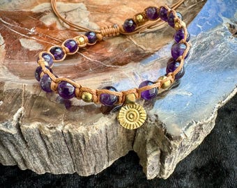 Golden Sun Wrap Knot Bracelet || Amethyst and Brass