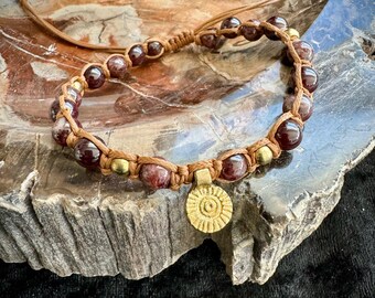Golden Sun Wrap Knot Bracelet || Garnet and Brass