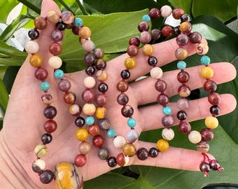 108 Count Mookite // Garnet // Turquoise Hand Knotted Mala Necklace