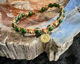 Golden Sun Wrap Knot Bracelet || Green Jade and Brass