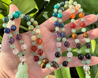 108 Count Mala Necklace with Aventurine Buddha Pendant – Hand Knotted Natural Gemstone Beads
