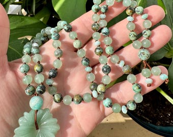 Carved Flower Aventurine // African Turquoise // Amazonite Hand Knotted Necklace