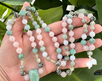 108 Count Amazonite // Rose Quartz // Aquamarine // African Turquoise Hand Knotted Mala Necklace
