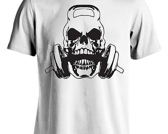 Men's Weightlifting Kettle Bell Skull T-Shirt Athletic Sports Workout Gym Tee Shirt