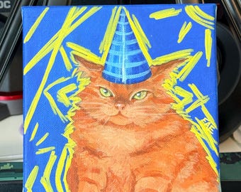 Pintura de gatito fiestero • Arte de gato naranja • Pintura de gato