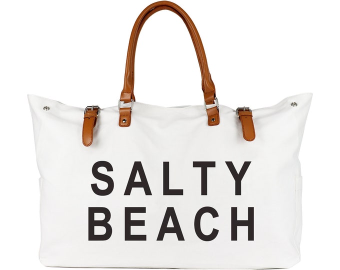 Salty Beach Bag, Vegan Leather Beach Bags for Women Waterproof Sandproof, Beach Tote Bag, Large Beach Bag, Canvas